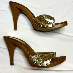 Gold sequin high heel slides